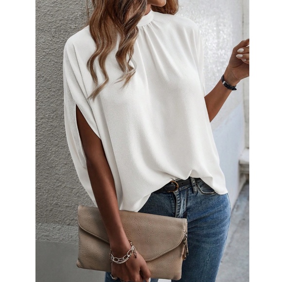 White Blouse Top Flowy, High Neck - Picture 1 of 11